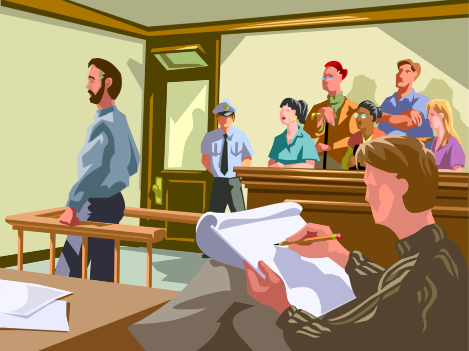 Vector Illustration of Court Artist Sketches Accused in Prisoner's Box in Courtroom Legal Case