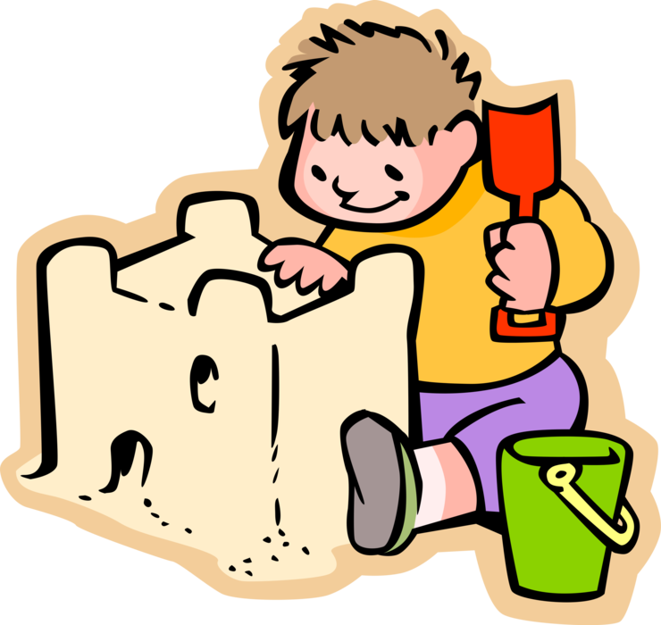 Vector Illustration of Primary or Elementary School Student Boy Builds Sand Castle with Shovel and Pail