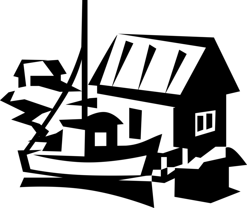 Vector Illustration of Commercial Fishing Trawler Boat Vessel with House