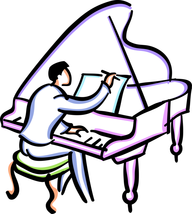 Vector Illustration of Concert Pianist Musician Composer Composes Music at Grand Piano Keyboard Musical Instrument
