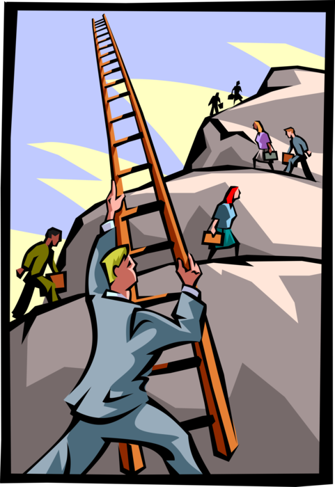 Vector Illustration of Businessman Mountain Climber Uses Ingenuity and Ladder to Beat Competitors