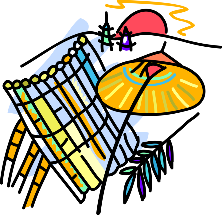 Vector Illustration of Japanese Tatami Mats, Umbrella or Parasol Rain Protection