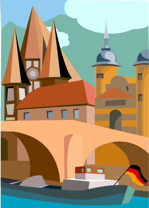 Vector Illustration of German River Scene with Bridge and Architecture, Germany