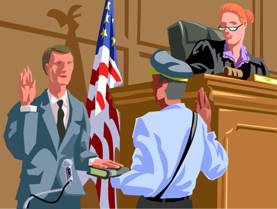 Vector Illustration of Court Bailiff Legal Officer Swears in Witness in Legal Courtroom with Presiding Judge