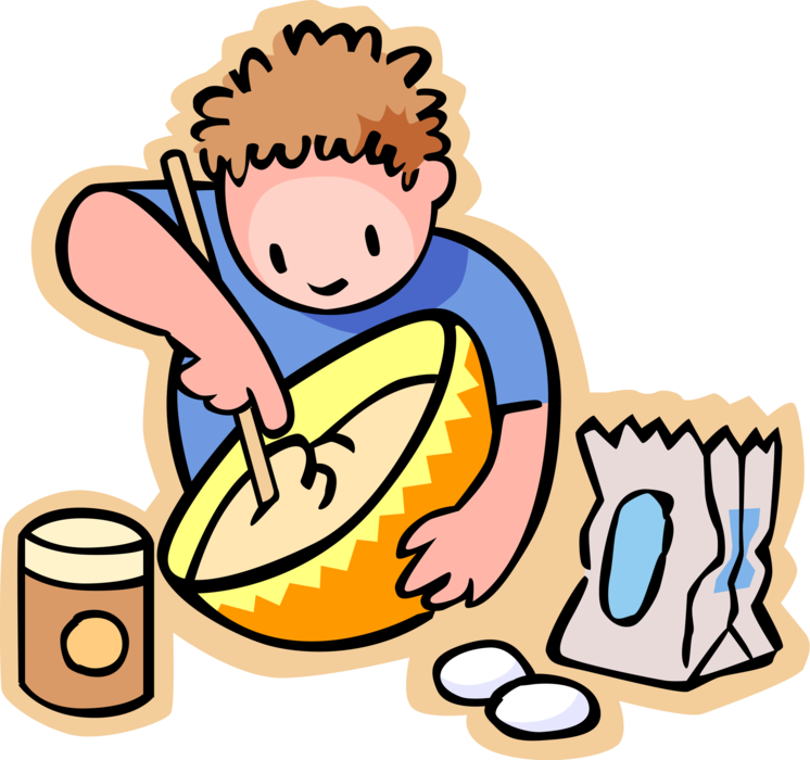 Vector Illustration of Primary or Elementary School Student Baker Boy Mixing Flour in Bowl