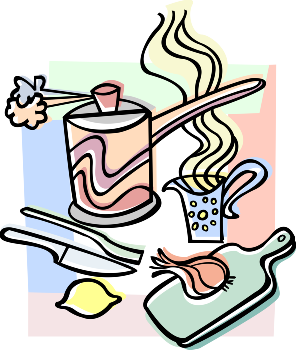 Vector Illustration of Pot Cooking on Stove with Garlic Bud, Lemon, Knife and Fork
