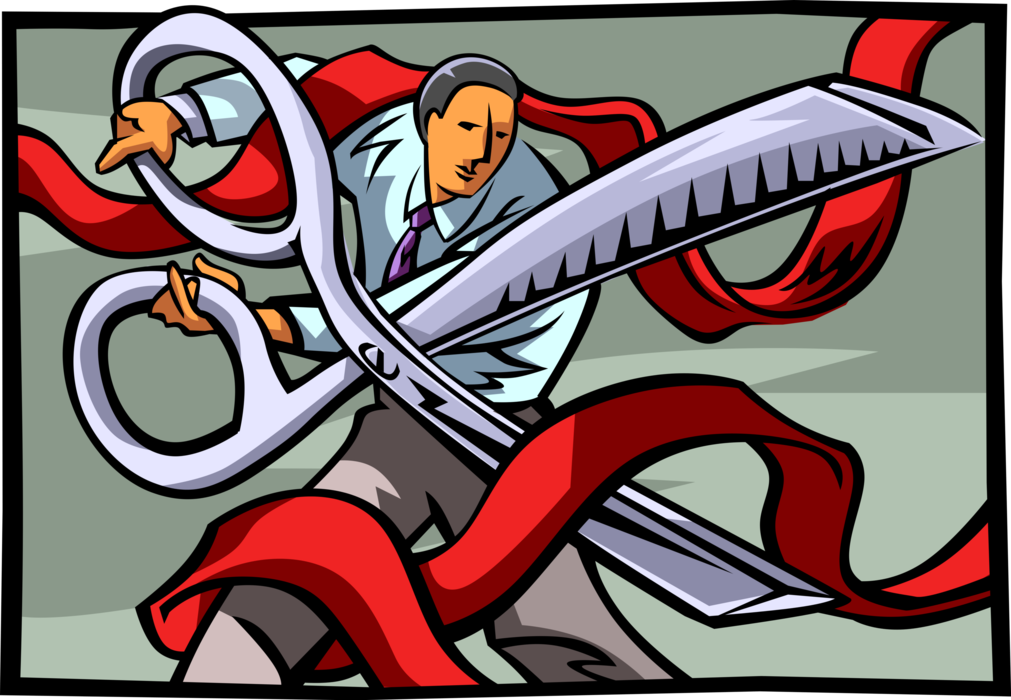 Vector Illustration of Businessman Cuts Through Red Tape with Scissors
