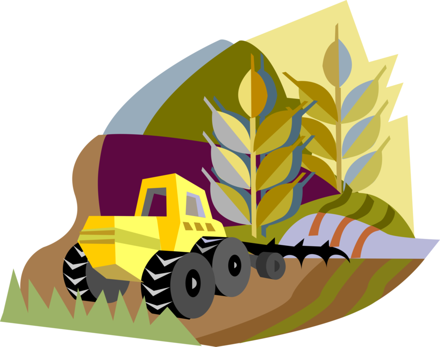 Vector Illustration of Farm Tractor Tilling and Cultivating Field for Wheat Grain Cereal Crop