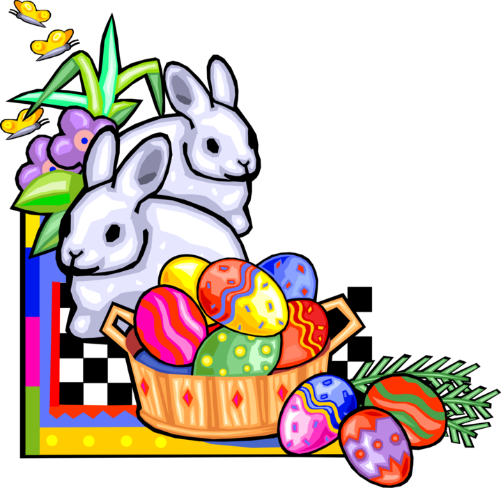 Vector Illustration of Pascha Easter Bunny Rabbits, Decorated Eggs and Basket