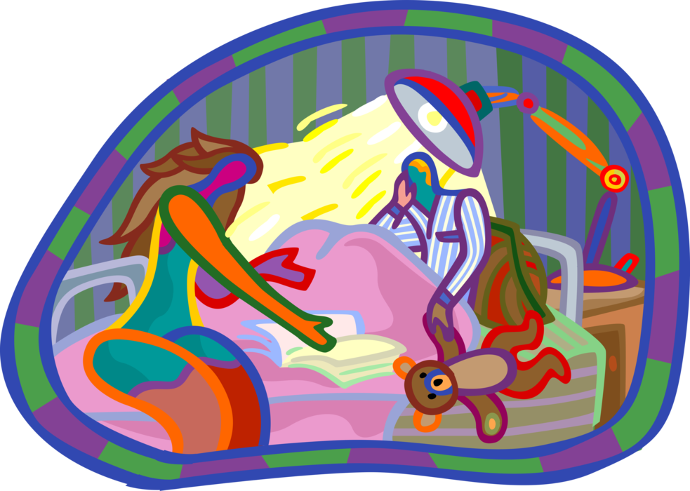 Vector Illustration of Mother Reads Child Bedtime Story in Bed