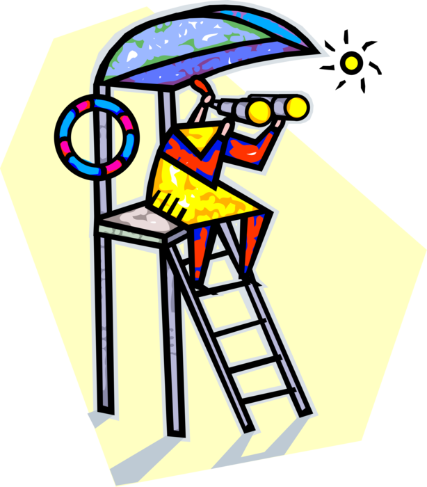 Vector Illustration of Lifeguard Keeps Watch on Beach Swimmers with Binoculars and Life Preserver