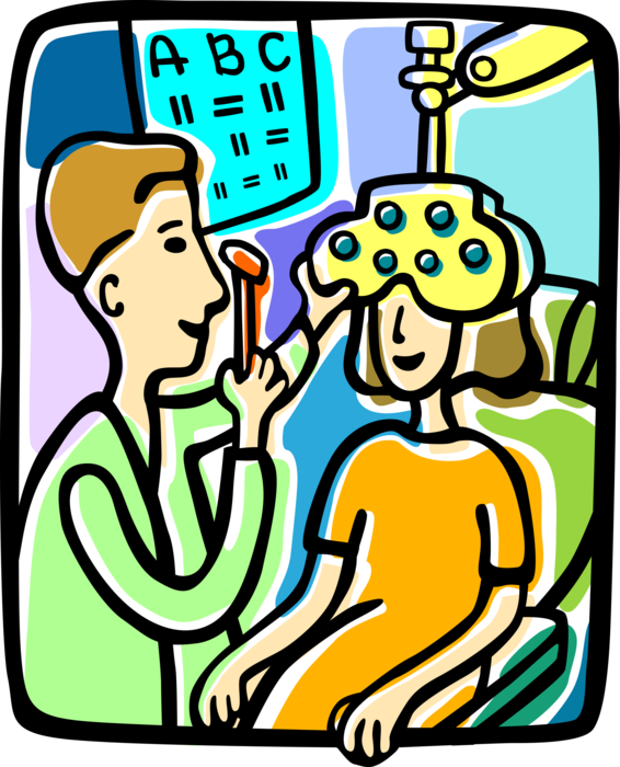 Vector Illustration of Ophthalmologist Optician Gives Eye Examination to Patient at Optometrist's Office