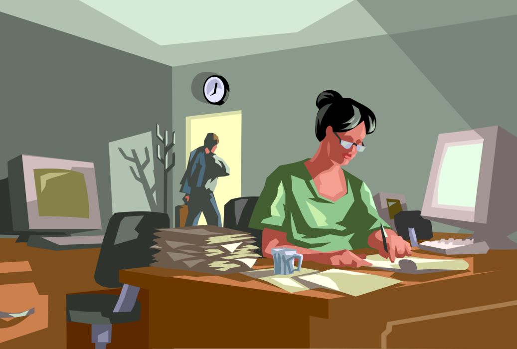 Vector Illustration of Businesswoman Working Late Works Overtime with Paperwork in Office
