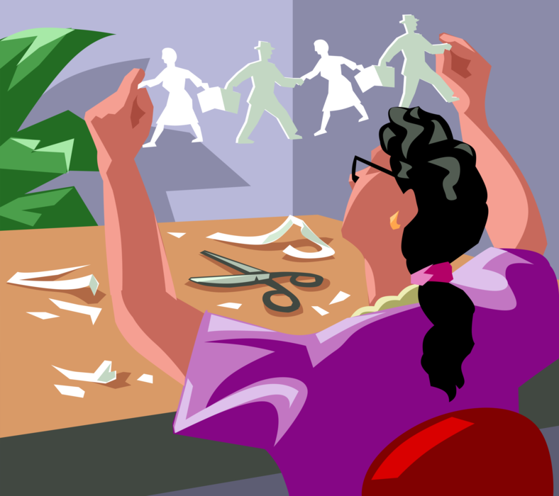 Vector Illustration of Human Resources uses Scissor to Create Paper Cutouts for Effective Business Teamwork