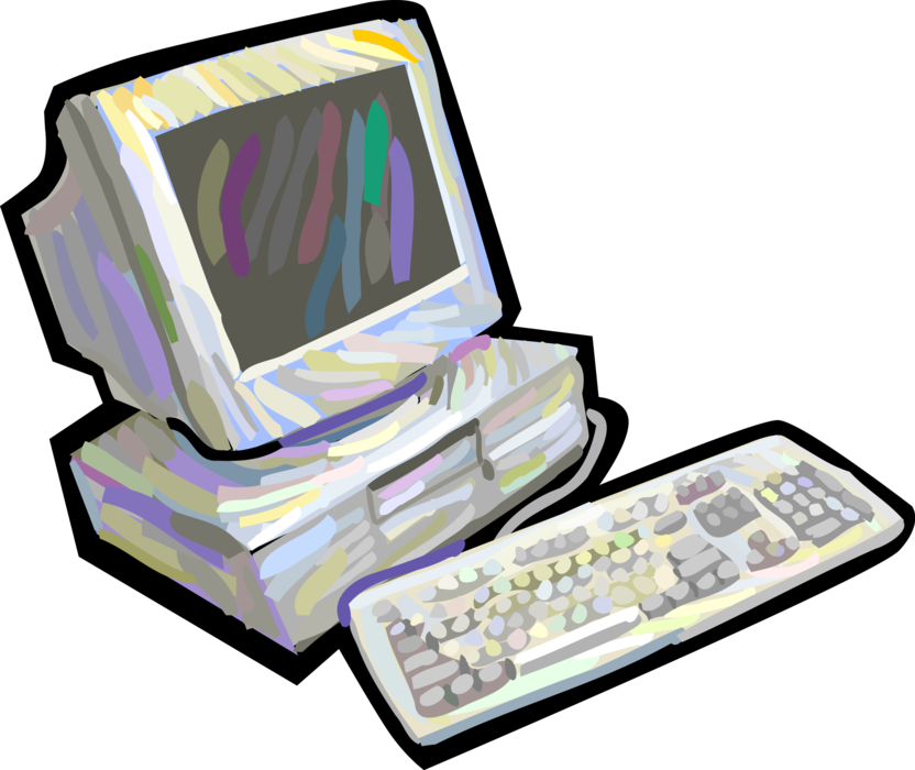 Vector Illustration of Computer Desktop System with Keyboard and Monitor