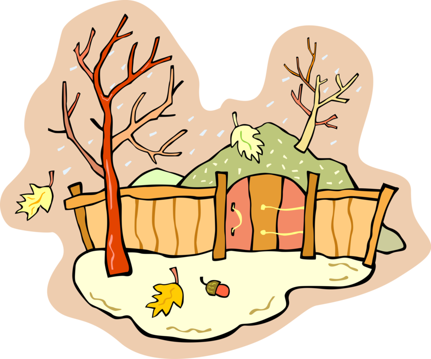 Vector Illustration of Autumn Scene with Leaves, Bare Trees and Fence Gate