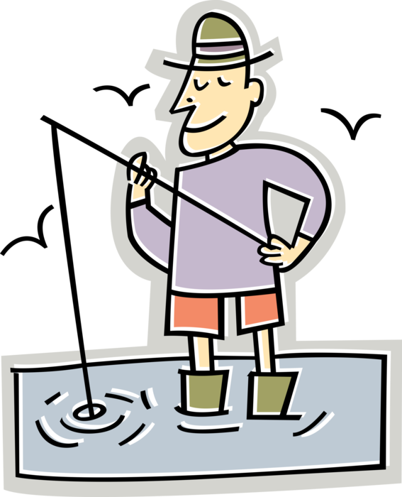 Vector Illustration of Sport Fisherman Angler Fishing in Water in Wading Boots