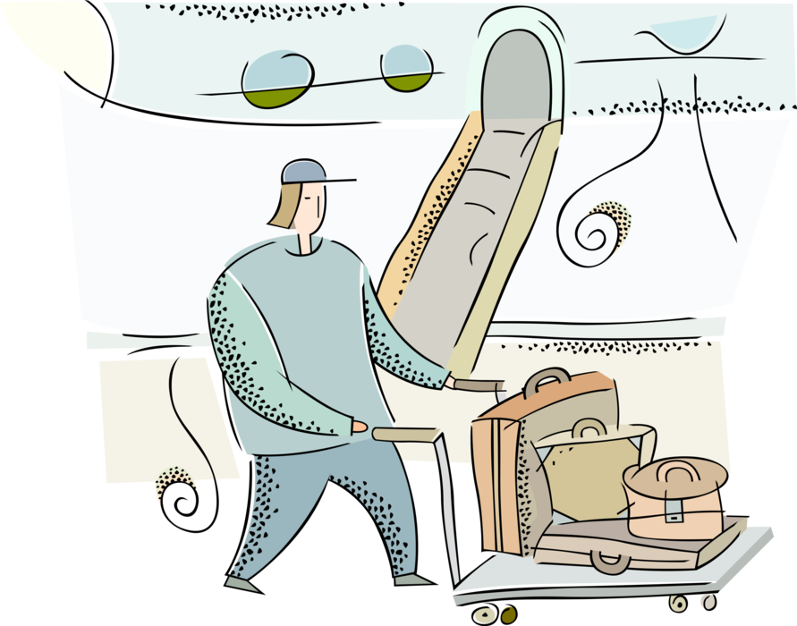 Vector Illustration of Airport Baggage Handler Unloading Passenger Luggage from Commercial Airline Aircraft