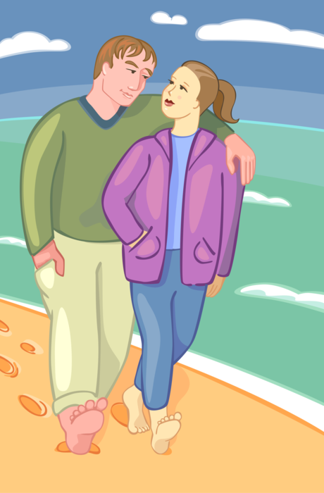 Vector Illustration of Couple Walking on Seashore Beach by Ocean