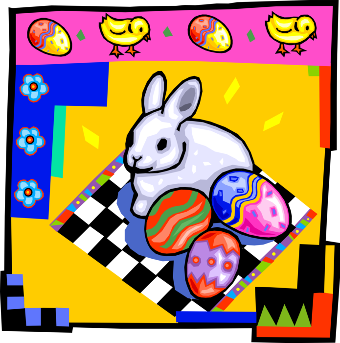 Vector Illustration of Pascha Easter Bunny with Colored Easter Eggs