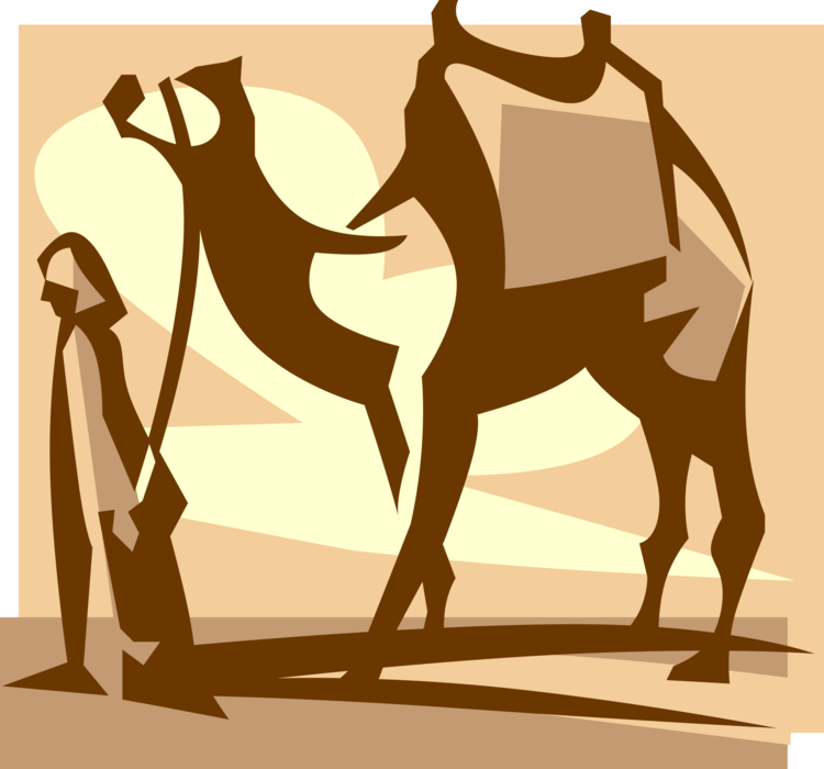 Vector Illustration of Beast of Burden Camel Dromedary Even-Toed Ungulate in Desert with Nomadic Arab Traveler