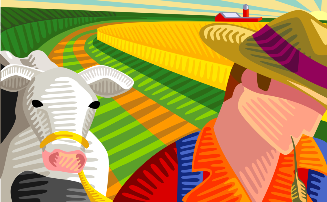 Vector Illustration of Farmer with Farm Agriculture Livestock Animal Holstein Dairy Cow in Field Pasture