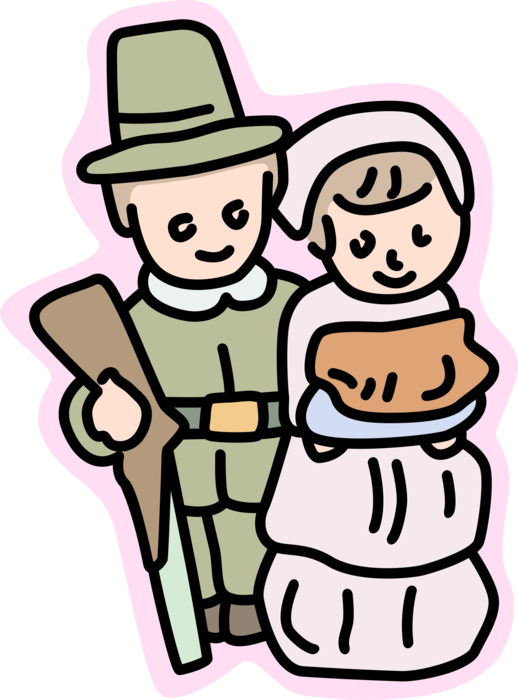 Vector Illustration of Thanksgiving Pilgrim Couple with Gun and Baked Goods