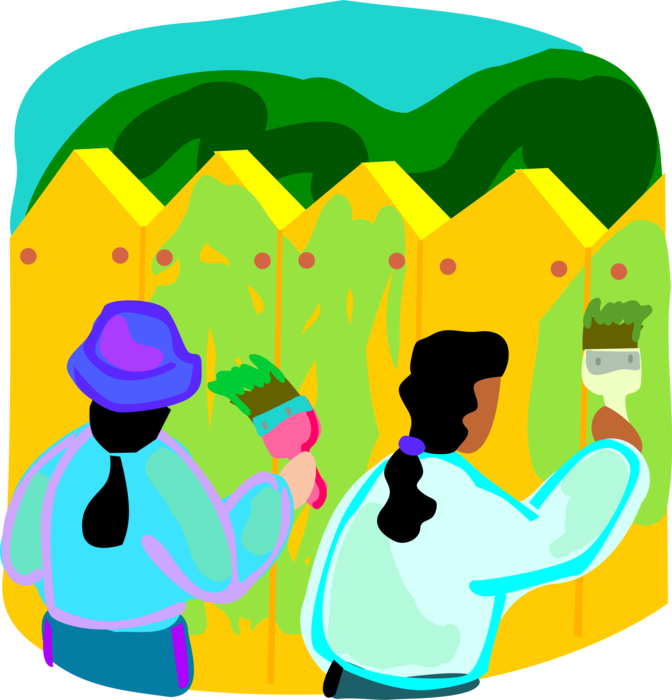 Vector Illustration of Children Painting Fence with Paintbrushes and Paint Outdoors