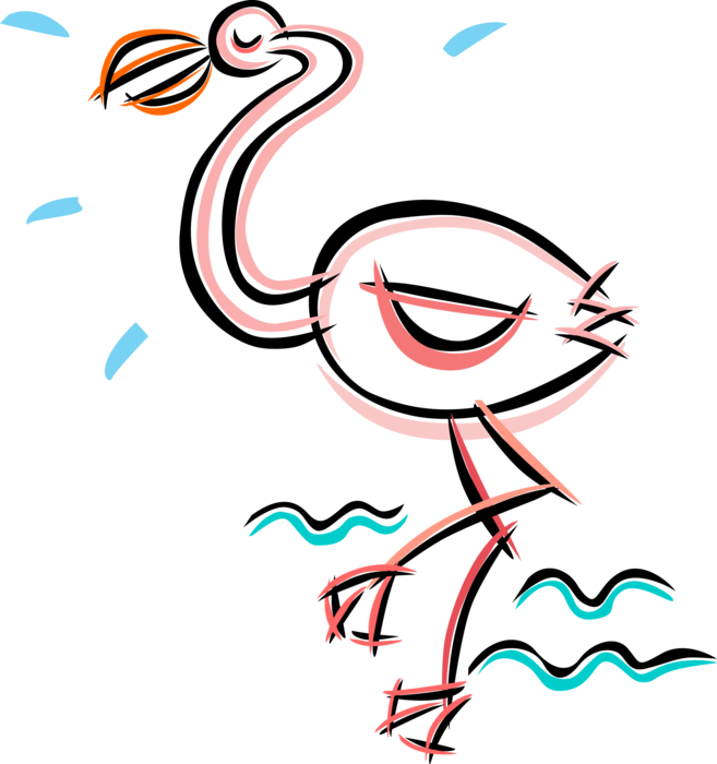 Vector Illustration of Pink Flamingo Wading Bird Stands in Water