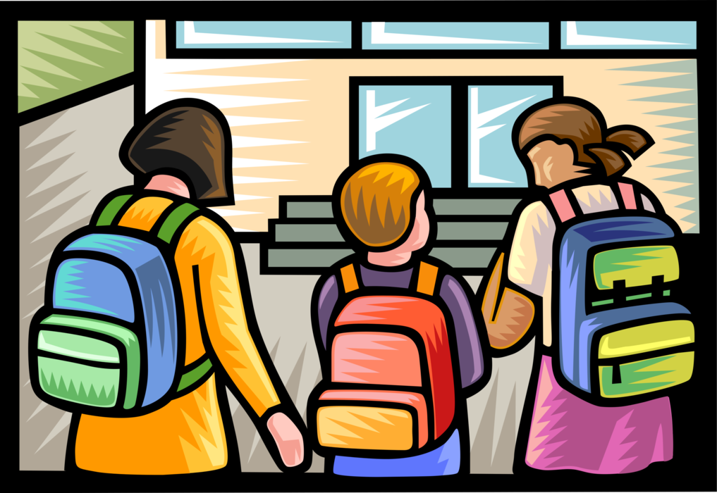Vector Illustration of School Children with Schoolbag Backpack Knapsacks Arrive for School Day