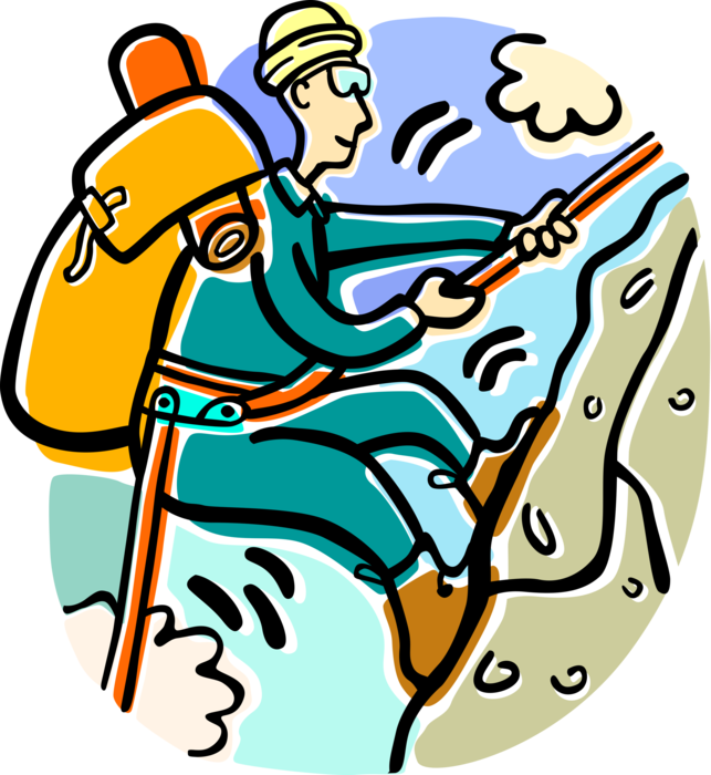 Vector Illustration of Mountain Climber Climbs Steep Vertical Face with Climbing Rope