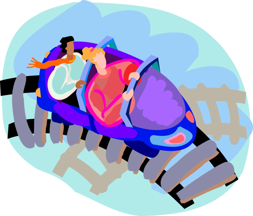 Vector Illustration of Riders on Amusement Park Roller Coaster Ride