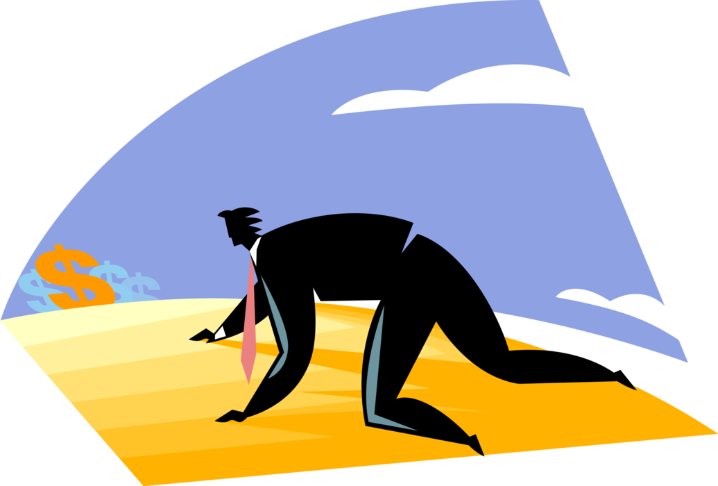 Vector Illustration of Thirsty Businessman Crawling Through Hot Desert Sees Dollar Money Mirage