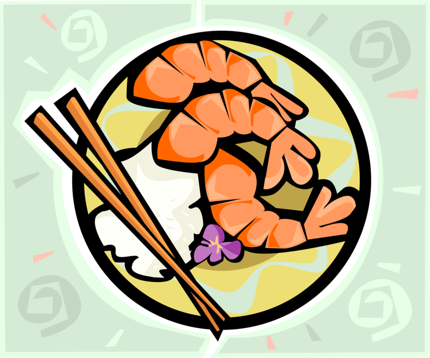 Vector Illustration of Decapod Marine Crustacean Prawn Shrimp Dinner Dish with Rice and Chopsticks