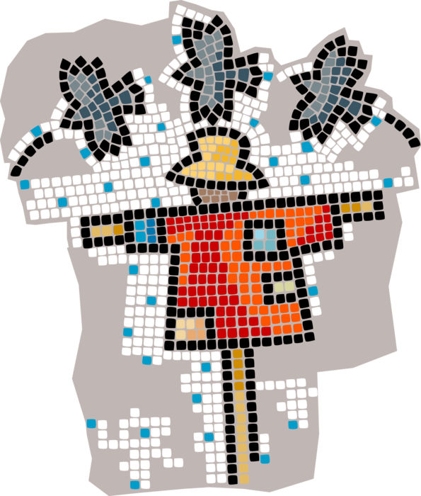 Vector Illustration of Decorative Mosaic Scarecrow to Frighten Crows or Birds Away from Farm Crops