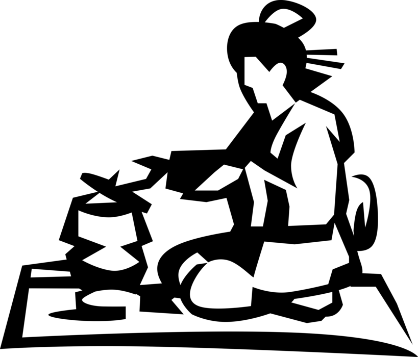 Vector Illustration of Japanese Courtesan Geisha in Traditional Kimono Prepares Food