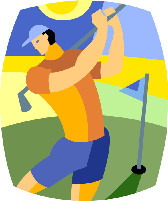 Vector Illustration of Sport of Golf Golfer Swings Golf Club Playing Golf on Golf Course