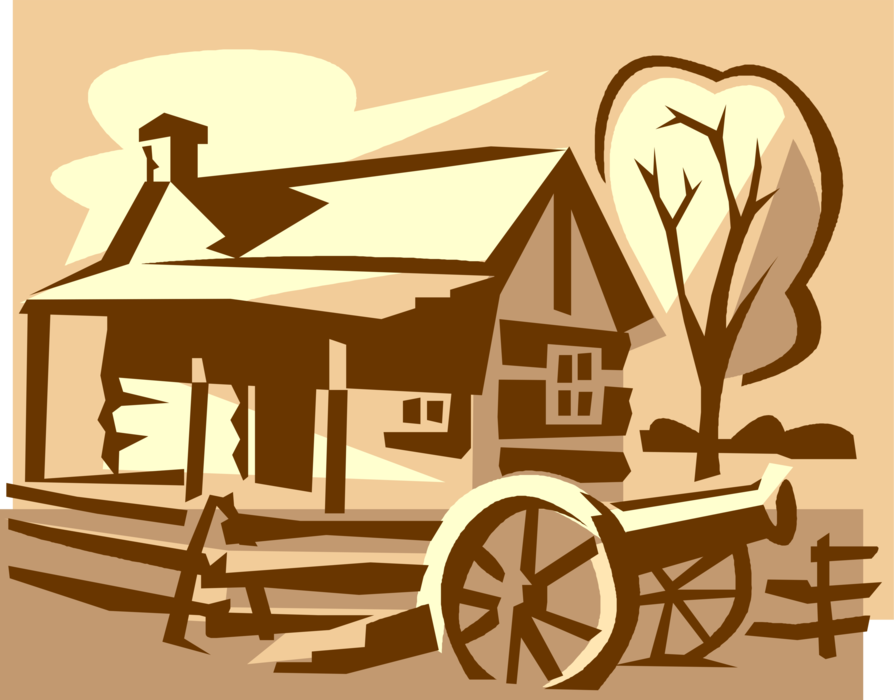 Vector Illustration of Civil War Cabin House with Military Artillery Cannon