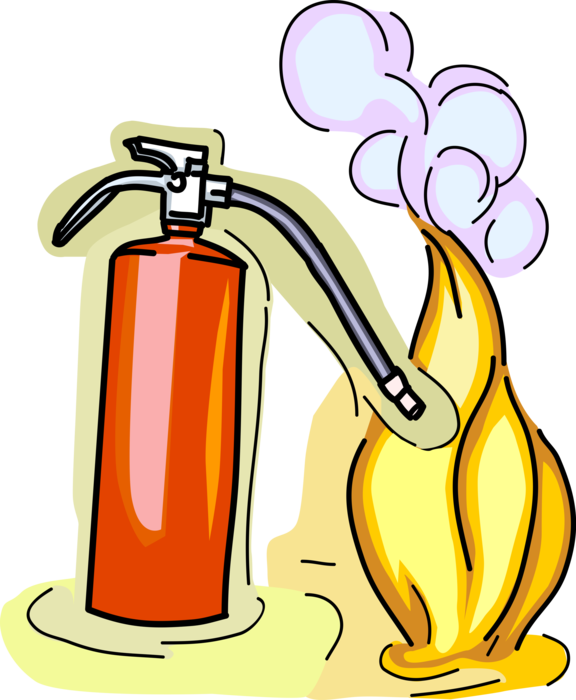 Vector Illustration of Fire Extinguisher Discharges Jet of Water, Foam, Gas to Extinguish Fire