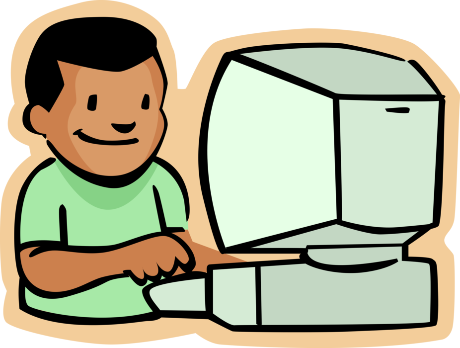 Vector Illustration of Primary or Elementary School Student Boy with Computer