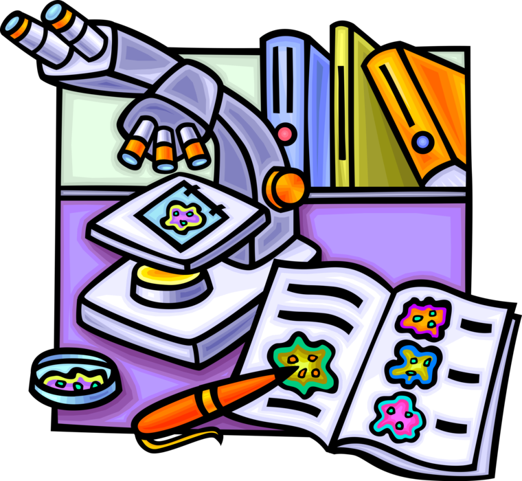 Vector Illustration of Microscope with Textbook Books and Amoeba Cell Organisms