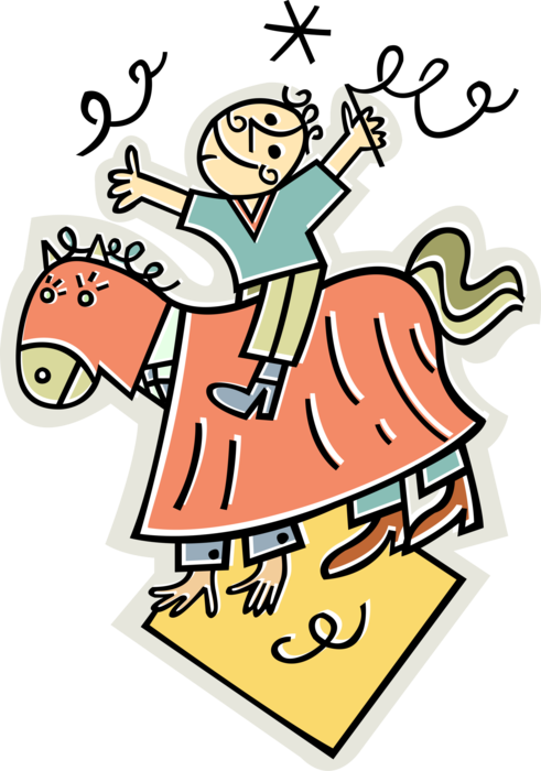 Vector Illustration of Father in Horse Costume Plays with Child Equestrian Rider