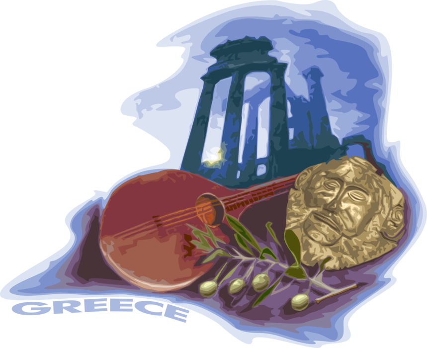 Vector Illustration of Greece Postcard Design with Olive Branch, Greek Bouzouki, Ruins and Mycenae Death Mask