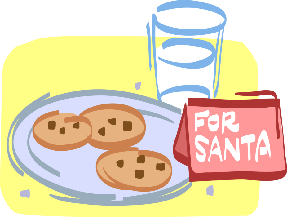 Vector Illustration of Plate of Chocolate Chip Cookies and Glass of Dairy Milk for Santa