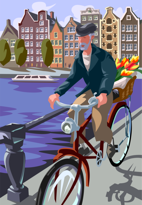 Vector Illustration of Cyclist Bicycling in Amsterdam with Bicycle and Canal