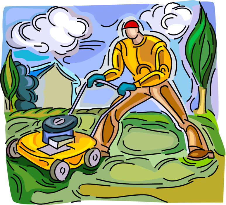 Vector Illustration of Lawn Care Worker Cutting the Grass with Yard Work Lawn Mower