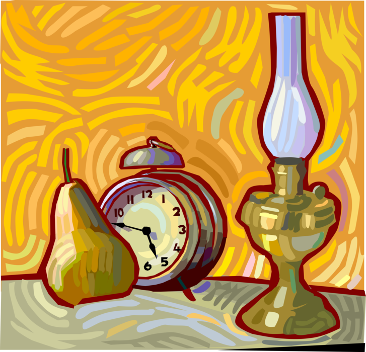 Vector Illustration of Alarm Clock with Oil Lantern Light with Pear Fruit