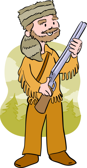 Vector Illustration of Old West Daniel Boone in Coon Skin Hat Holds Shotgun Rifle Weapon