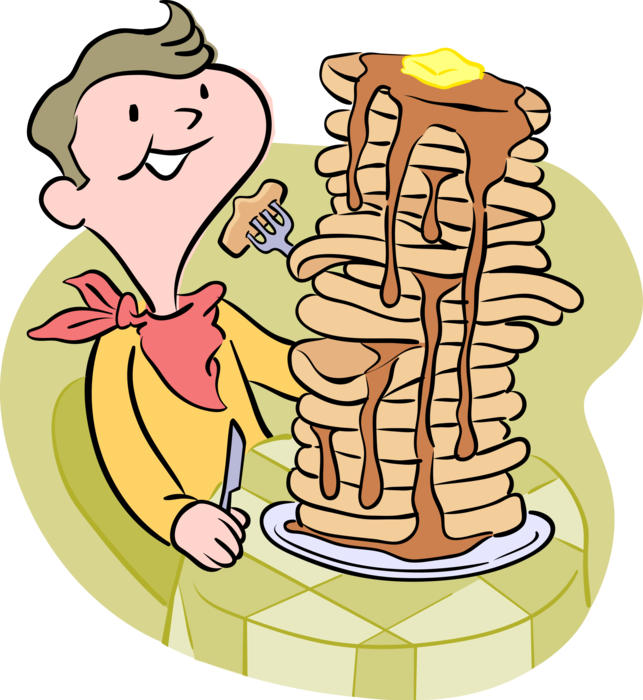 Vector Illustration of Boy Eating Pancake Flapjack Griddlecakes in Eating Contest