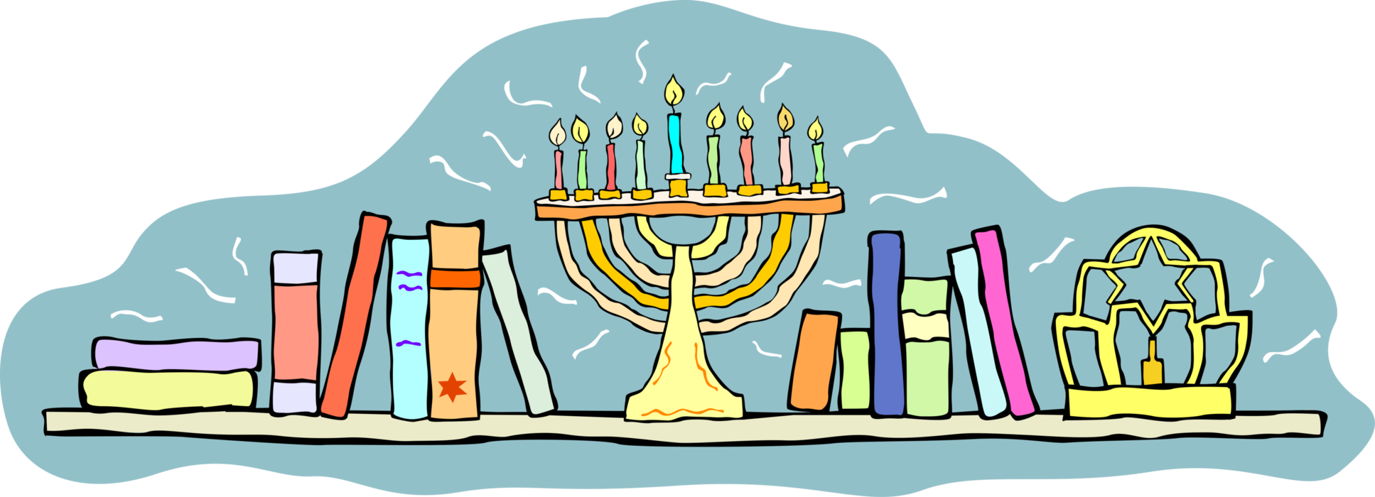 Vector Illustration of Jewish Chanukah Hanukkah Menorah Lampstand Nine Candles Candelabrum on Bookshelf